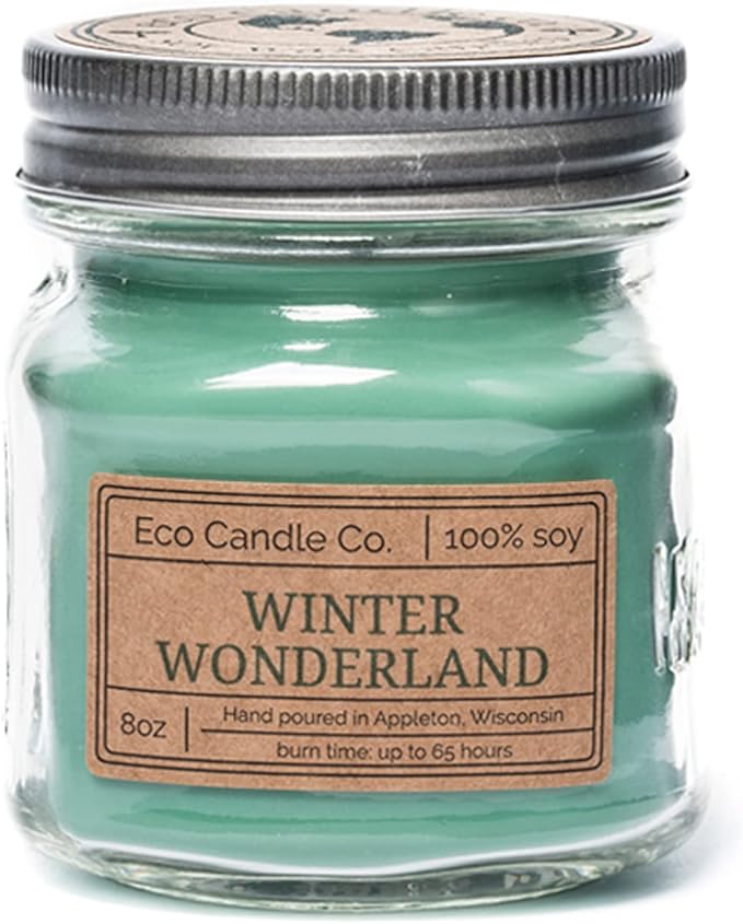ECO CANDLE CO. Mason Jar Candle, Winter Wonderland, 8 oz. - Scents of Pine, Spruce, & Fir - 100% Soy Wax, No Lead, Kraft Label & Antiqued Pewter Lid, Hand Poured, Made from Midwest Grown Soybeans - Bloomnest