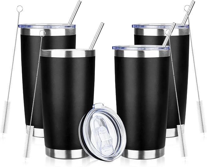 20oz Tumbler Bulk with Lid and Straw, Stainless Steel Double Wall Vacuum Insulated Travel Mug, Powder Coated Coffee Cups for Hot and Cold Drinks,Funny Gifts for Women Men(Black,4) - Bloomnest