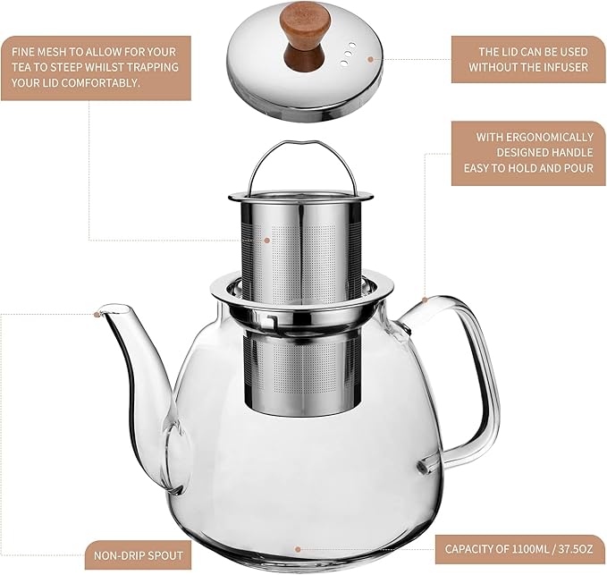 CNGLASS Glass Teapot with Infuser(37.5oz),Clear Tea Kettle with Removable Stainless Steel Strainer,Stovetop Safe Glass Teapot for Blooming and Loose Leaf Tea - Bloomnest