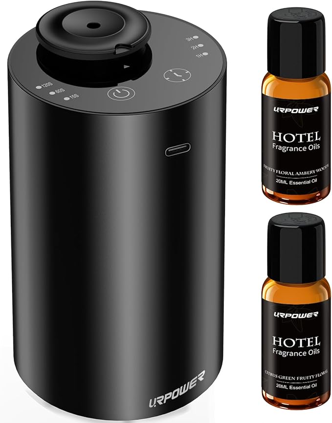 URPOWER Waterless Essential Oil Diffuser: No Water Needed Battery Operated Scent Diffuser - 2 * 20ML Hotel Fragrance Essential Oils - Cordless & Mini Oil Machine Aluminum for Car Home Office(Black) - Bloomnest