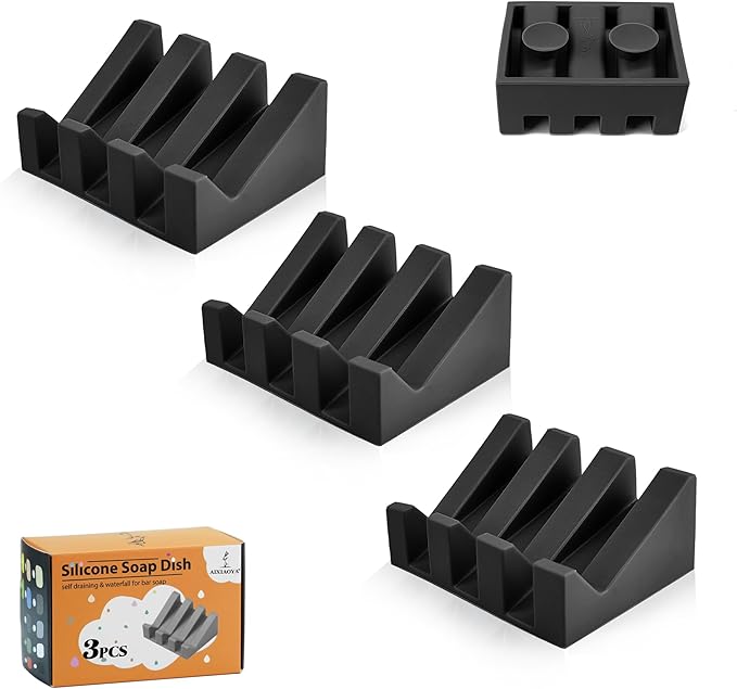 Silicone Soap Dish with Drain, Upgrade Double Suction Cups at The Bottom for Anti-Slip and Stability, Soap Dish Shower Waterfall Bar Soap Holder Tray with Drain Soap Holder (3, Black) - Bloomnest