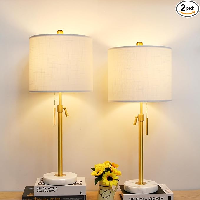 Gold Table Lamp Set of 2, 22-30" Height Adjustable Modern Nightstand Lamps with Marble Base and Pull Chain Switch for Living Room Bedroom, Office, Bedside Table, Farmhouse - Bloomnest