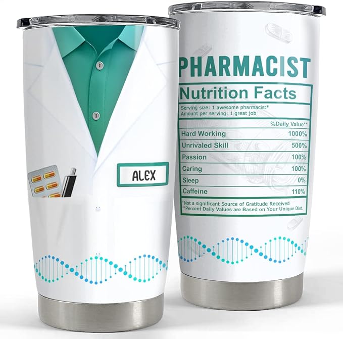 SANDJEST Personalized Tumbler for Pharmacist Nutrition Facts with Customize Name 20oz 30oz Tumbler with Lid Gift for Pharmacist Coworker Women Men - Bloomnest