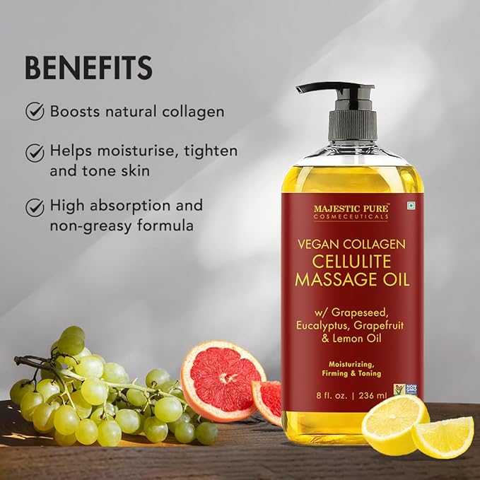 MAJESTIC PURE Massage Oil for Massage Therapy - Refreshing, and Relaxing - Natural Oils - for All Skin Types - Men and Women (8 Fl Oz, Cellulite Massage Oil with Roller) - Bloomnest