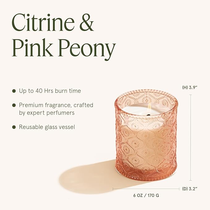 LA JOLIE MUSE Citrine & Pink Peony Scented Candles - Bergamot, Peony, Amber | 6 oz Natural Soy Wax | 40 Hours Clean Burn | Citrus Scented Candle| Gift-Ready for Hosts & Gatherings - Bloomnest