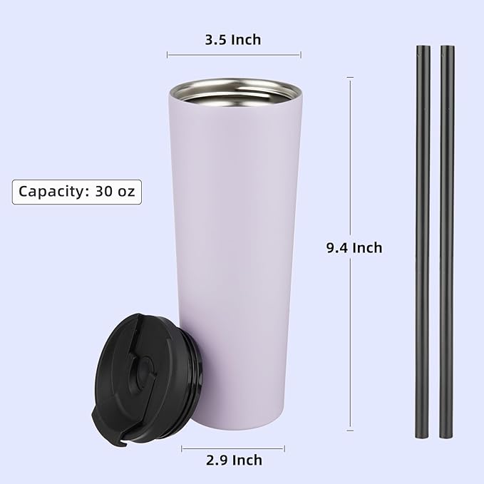 30 OZ Insulated Tumbler with Lid and 2 Straws Stainless Steel Water Bottle Vacuum Travel Mug Coffee Cup,Taro - Bloomnest