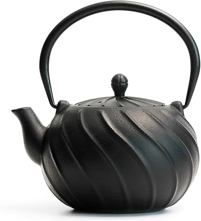 Tea Kettle, TOPTIER Japanese Cast Iron Teapot with Infuser, Cast Iron Tea Kettle Stovetop Safe, Wave Design Teapot Coated with Enameled Interior for 30 Ounce (900 ml), Midnight Black - Bloomnest