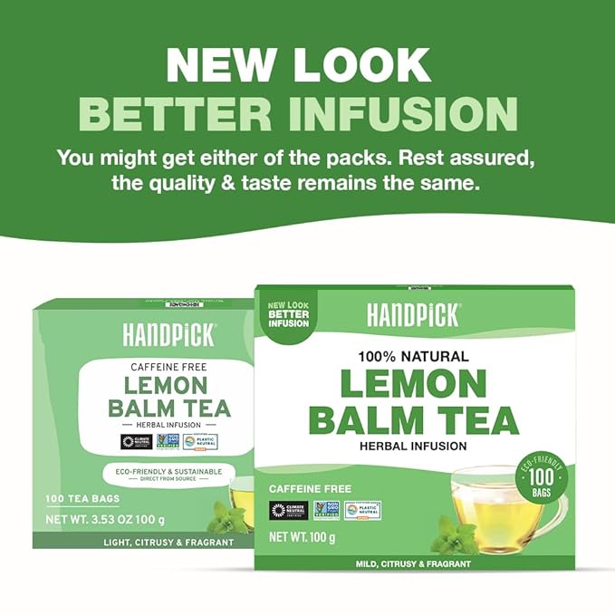 HANDPICK Lemon Balm Tea Bags – 100 Count | 100% Pure & Naturally Dried | Caffeine-Free Herbal Tea with Citrus Flavor & Aroma | Premium Lemon Balm Leaf for Calming and Digestion Support - Bloomnest