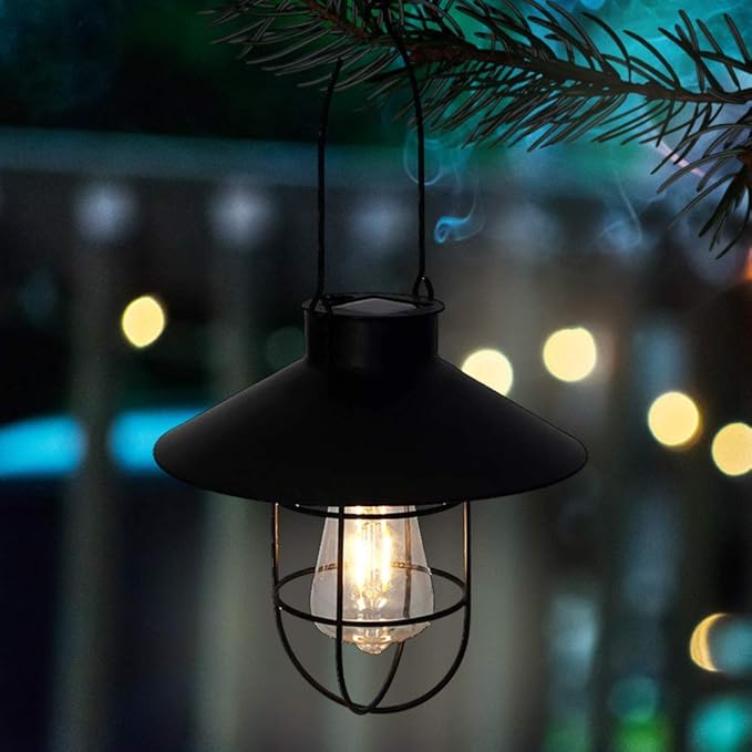 pearlstar Solar Lantern Outdoor Hanging Light Metal Solar Lamp with Warm White Edison Bulb Design for Garden Yard Patio Proch Decor(Black) - Bloomnest