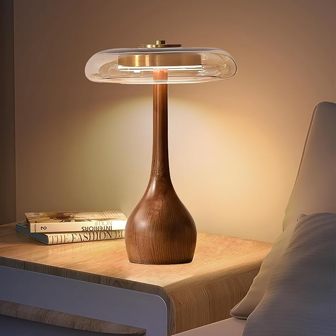 Small Table Lamp for Bedroom-Wooden Base Teardrop Mushroom Table Lamps,Amber Glass Shade,LED Three Color Temperature Adjustable Brightness Modern LED Side Table and Desk Lighting(H 12.4 in) - Bloomnest