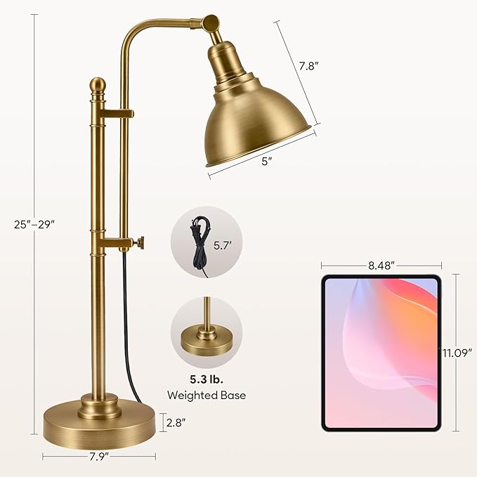 VONLUCE Rustic Desk Lamp Gold Adjustable, Industrial Style Metal Task Lamps 25"-29", Vintage Work Light, Farmhouse Reading Lamp in Brushed Gold Finish, ETL Certificate - Bloomnest