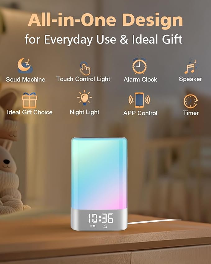 Sound Machine White Noise Machine with 32 Soothing Sounds, Bluetooth Speaker, Alarm Clocks for Bedrooms with Wake up Light, Night Light for Kids, App Control Birthday Gifts for Women, Teen Girls, Boys - Bloomnest
