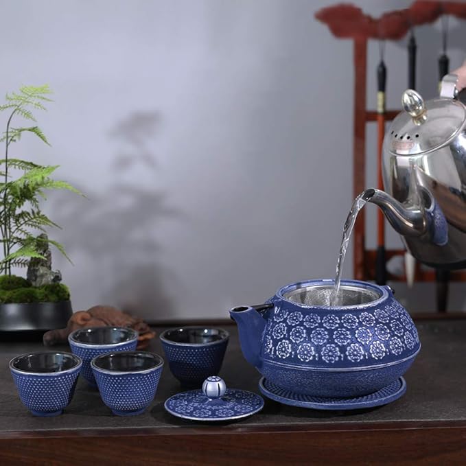 Ufine Blue Floral Cast Iron Teapot Set Japanese Style Tetsubin Tea Kettle with 4 Cups, Stainless Steel Infuser for Stove Top Tea Brewing 28 oz - Bloomnest