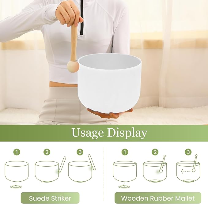 432HZ 8 Inchs C Note White Frosted Crystal Singing Bowl for Meditation Healing Yoga Chakra Quartz Crystal Sound Bowls with Heavy Duty Carry Case and Rubber Mallet,Suede Striker,O-rings - Bloomnest