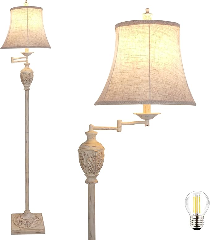 Traditional LED Floor Lamp with 350° Adjustable Swing Arm Lamp – Vintage Pole lamp Swing arm for Living Room, Bedroom and Office – Rustic Upright Floor Light for Home Décor with Faux Silk Fabric Shade - Bloomnest