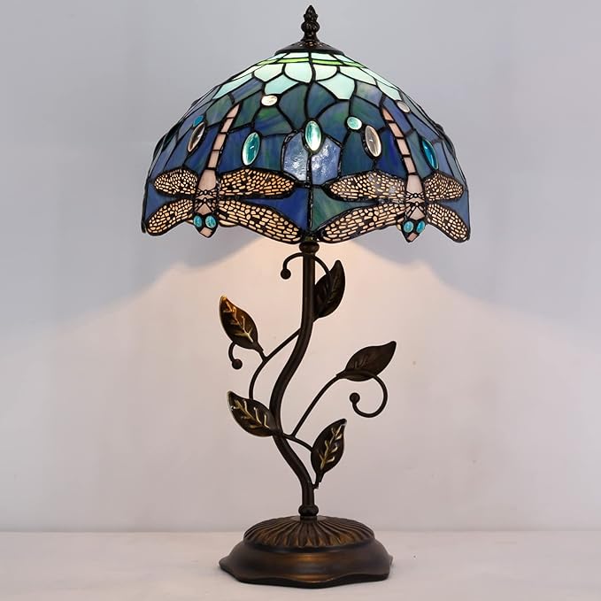 Tiffany Lamp Blue Dragonfly Style Stained Glass Table Lamp Desk Bedside Reading Light 12X12X19 Inches with Metal Leaf Base Decor Bedroom Living Room - Bloomnest