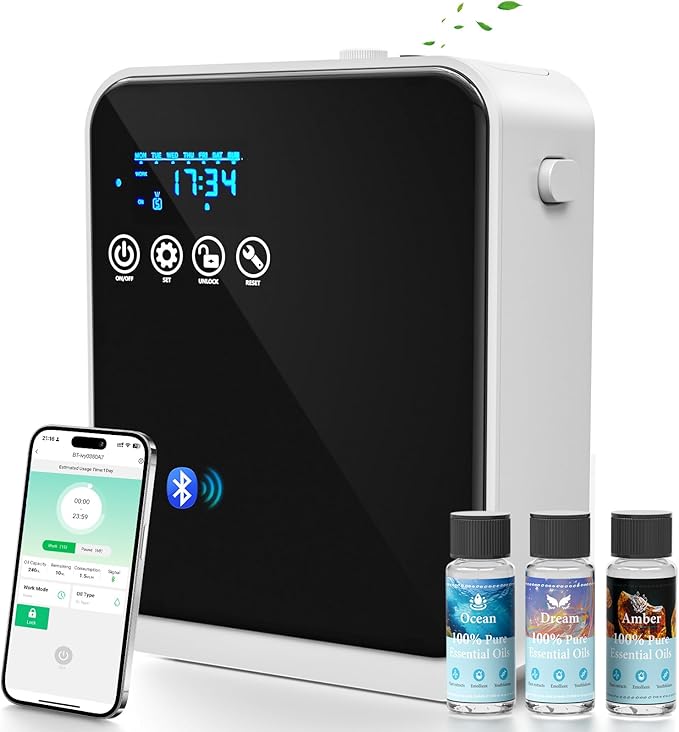 Waterless Essential Oil Diffuser:250ml Large Capacity Scent Air Diffuser with Smart APP & Touch Screen| Aromatherapy Large Room Oil Diffusers for Home,Office,Hotel Collection,Cover1500 sq.ft-Black - Bloomnest