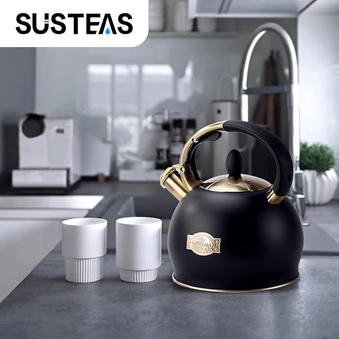 SUSTEAS Stove Top Whistling Tea Kettle - Food Grade Stainless Steel Teakettle Teapot with Cool Touch Ergonomic Handle, With 1 Silicone Pinch Mitt Included, 2.64 Quart(BLACK) - Bloomnest