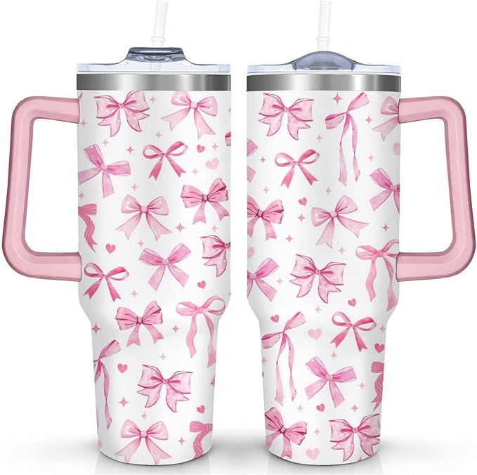 Ceovfoi 40 Oz Pink Bow Tumbler With Handle, Pink Bow Decor Coffee Travel Mug Cup Water Bottle, Gifts for Women Girls - Bloomnest