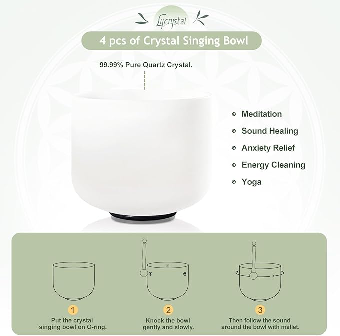 Singing Bowl Set of 4 PCS 6" A Note 8" F Note 10" G Note 12" C Note Frosted Chakra Quartz Crystal Sound bowls With Carry Case Bag. - Bloomnest