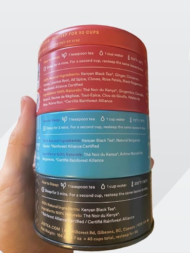 JusTea Black Tea Trio | Stacking Tins Variety Pack with Hand Carved Tea Spoon | Loose Leaf Tea | High Caffeine | Award-Winning | Fair Trade | Non-GMO - Bloomnest