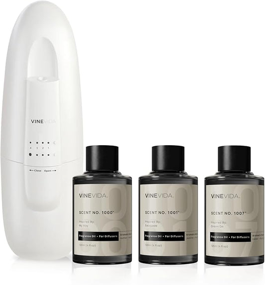 VINEVIDA Waterless Diffuser and 3 Top Selling Hotel Fragrance Oils - Essential Oil Diffuser for Home - Room Fragrance Air Diffuser [White Aroma Diffuser] - Bloomnest