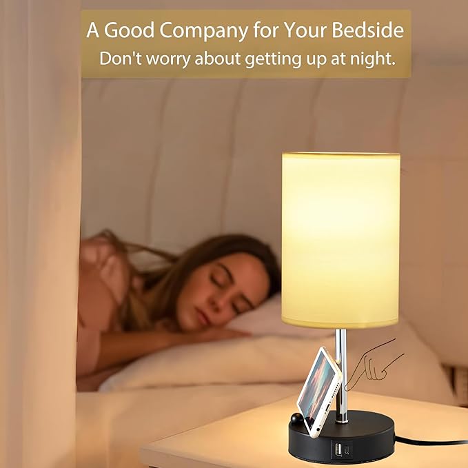 Briever Touch Control Table Lamp for Bedroom, 3-Way Dimmable Nightstand Lamp with USB USB A+C Charging Ports, Bedside Desk Lamp with Phone Stand & Linen Fabric Shade for Livingroom, Bulb Included - Bloomnest