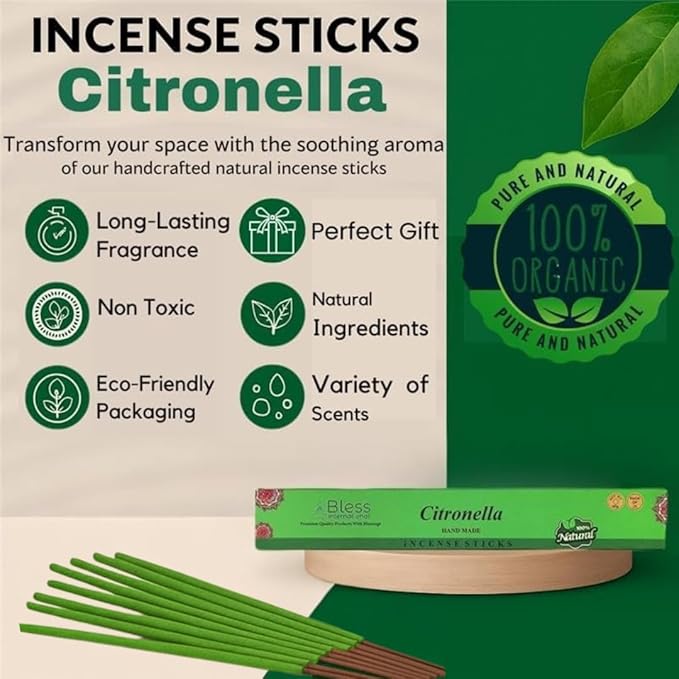 Bless-Citronella 100%-Natural-Handmade-Hand-Dipped-Incense-Sticks Organic-Chemicals-Charcoal-Free Purification-Relaxation-Positivity-Yoga-Meditation Best-Woods-Scent (500 Sticks (26 OZ)) BlessInternational