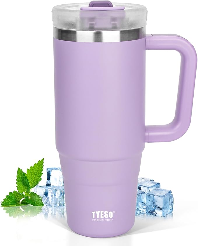 Tyeso 40 oz Tumbler with Handle, Straw and Lid - Leak Resistant Insulated Stainless Steel Water Bottle, Car Cup Holder Friendly Travel Coffee Mug Purple - Gifts for Men & Women - Bloomnest