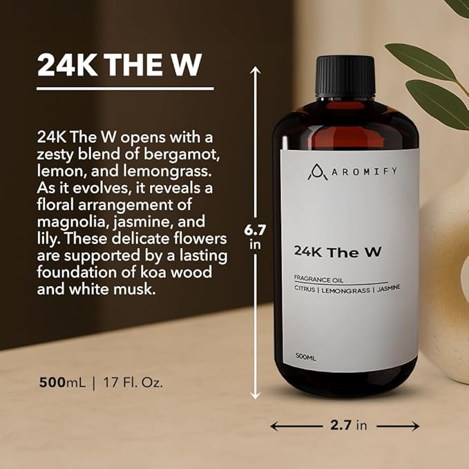 24K The W Diffuser Oil, 16.9 FL Oz 500 mL, Luxury Hotel Scent for Home, Bathroom, Spa & Office, Natural Essential Oil, Citrus & Lemongrass. - Bloomnest
