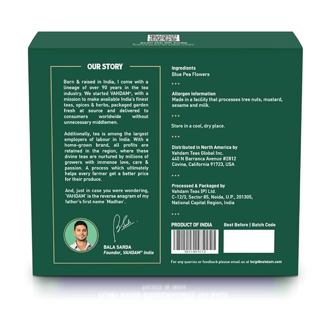 VAHDAM, Butterfly Pea Flower Tea Bags (40 Pyramid Teabags) Vegan, Non-GMO | Delicate & Earthy | Direct From Source - Plant Based Biodegradable Tea Bags | Brew Iced Tea, Cooking, Mocktails & Cocktails - Bloomnest