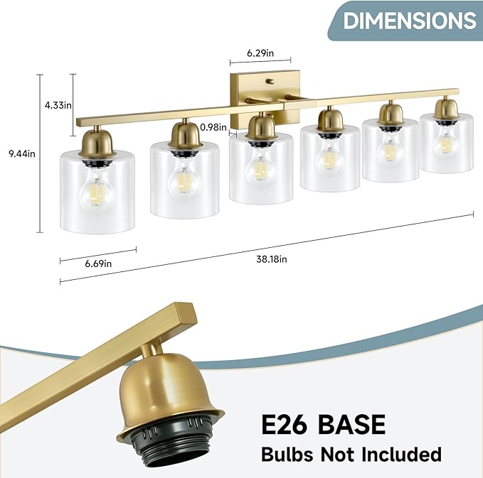Modern Brushed Gold 6 Light Bathroom Light Fixtures,38 inch Vanity Lights for Bathroom with Clear Glass, Vanity Light for Mirror Kitchen Living Room Hallway Cabinet Porch - Bloomnest