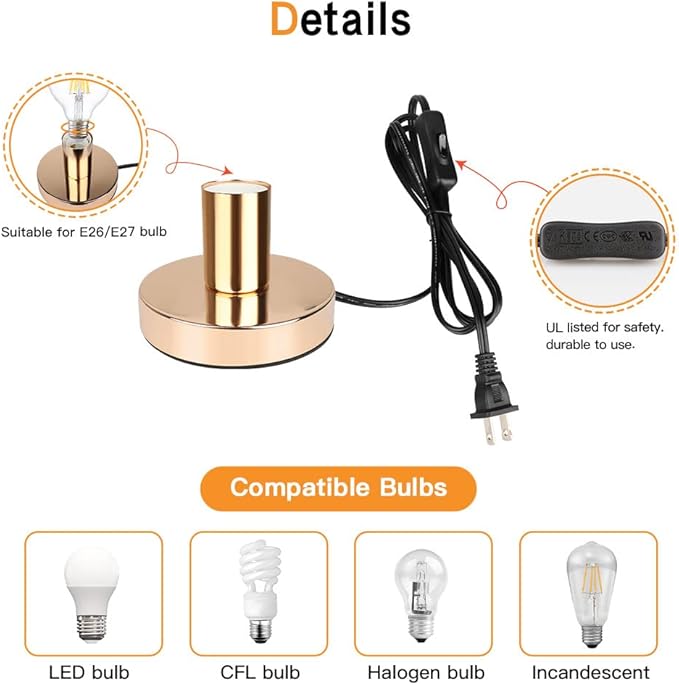 Helunsi Industrial Table Lamp, Gold E26 E27 Base Without Shade, Mini Short Desk Lamp Exposed Bulb, Simple Metal Edison Light Bulb Stand, 5.8ft Cord Switch Plug Holder - Bloomnest