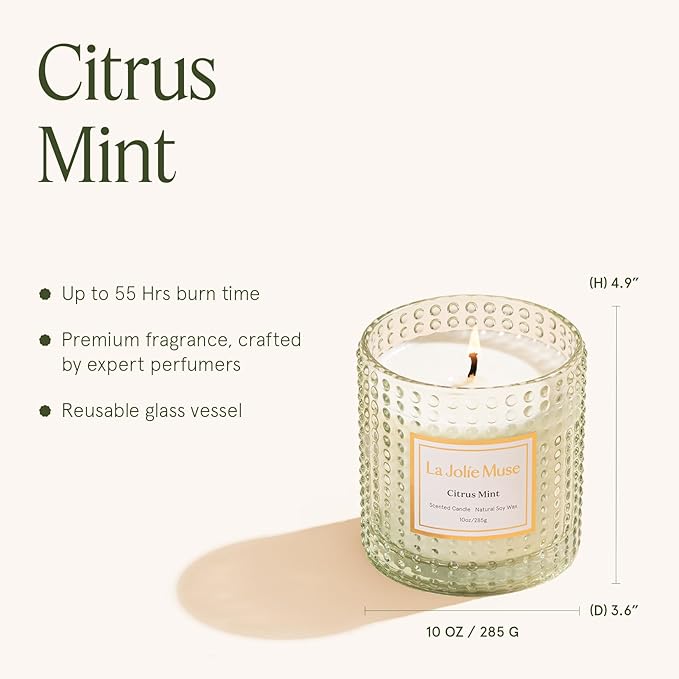 LA JOLIE MUSE Citrus Mint Candle, Summer Candles for Home Scented, Luxury Eucalyptus Candles Gifts for Women & Men, Natural Soy Wax, 75 Hours 10 OZ - Bloomnest