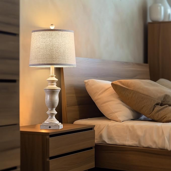27.5" Set of 2 Farmhouse Table Lamps for Bedroom, 3 Way Dimmable Bedside Lamp with 2 USB +AC Outlet Nightstand Lamps for Living Room Resin Rustic Touch Lamps (Antique Beige) - Bloomnest
