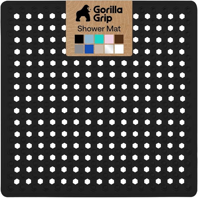 GORILLA GRIP Patented Square Shower Stall Mat, Small Bathtub Floor Mats for Stand Up Showers, Suction Cups and Drainage Holes, Machine Wash, Soft on Feet, Bathroom Accessories 21x21 Inch, Black Opaque - Bloomnest