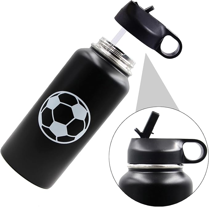 32 oz Soccer Water Bottle with Straw, Wide Mouth Sports Flask Metal Travel Tumbler with 2 Lids, Stainless Steel Double Wall Vacuum Insulated Leakproof Thermo Water Bottles, Soccer Gifts for Boys Girls - Bloomnest