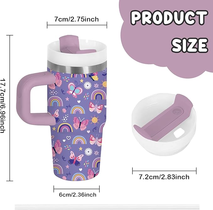 Rainbow Gifts for Girls - 14oz Purple Kids Rainbow Tumbler with Handle and Straw, Stainless Steel Insulated Travel Coffee Mug, for Sports, School, Travel, Children's Birthday Gift(1pc) - Bloomnest