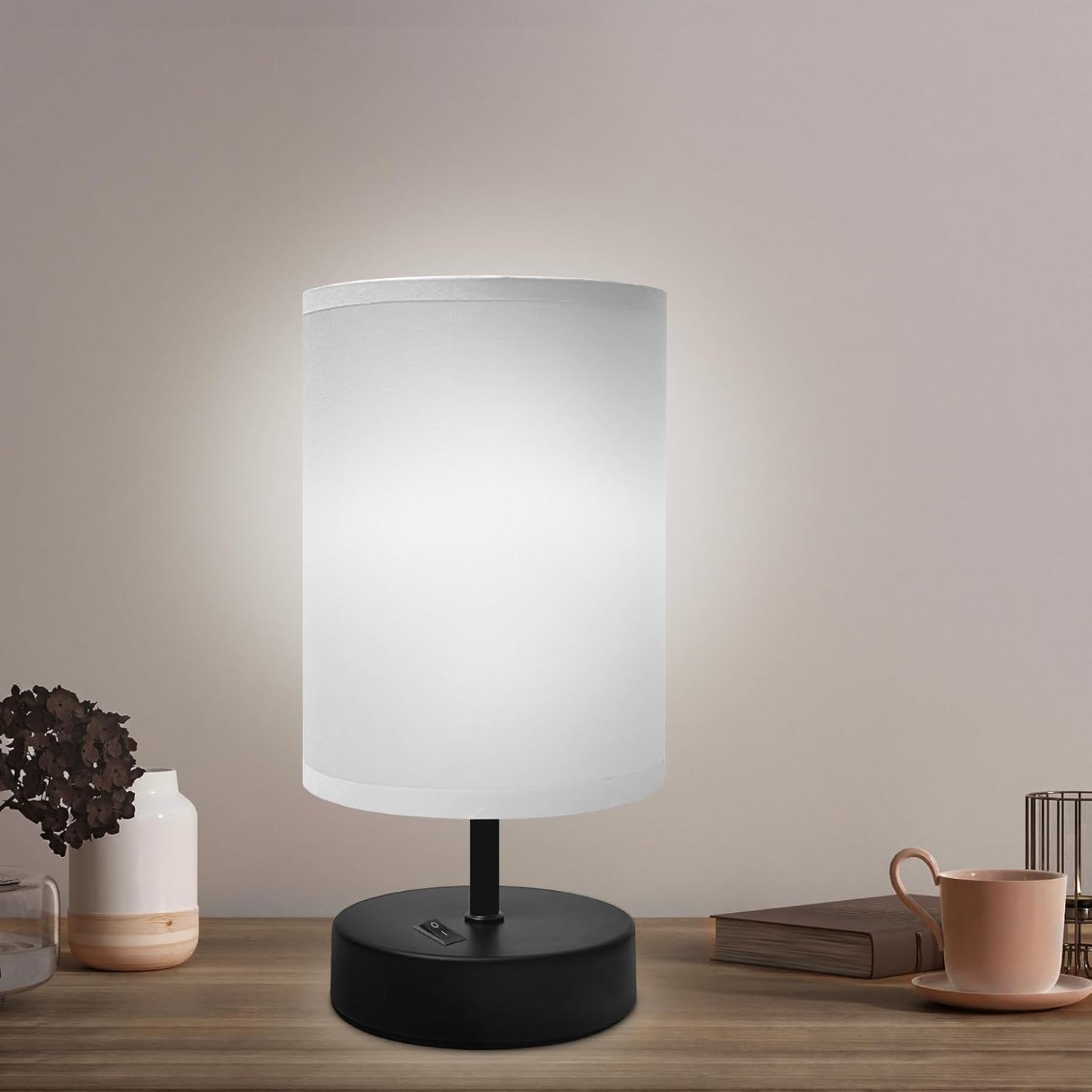 Small Bedside Lamp - Minimalist Table Lamp with Round Gray Fabric Shade - 9 Inch Desk Reading Lamp for Bedroom, Dorm, Living Room, Office - 1 Pack