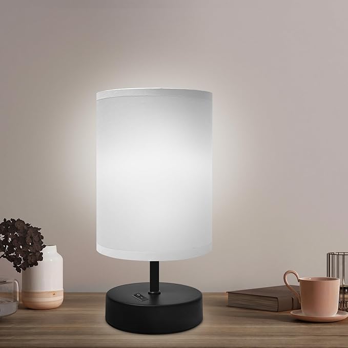 Small Bedside Lamp - Minimalist Table Lamp with Round Gray Fabric Shade - 9 Inch Desk Reading Lamp for Bedroom, Dorm, Living Room, Office - 1 Pack - Bloomnest