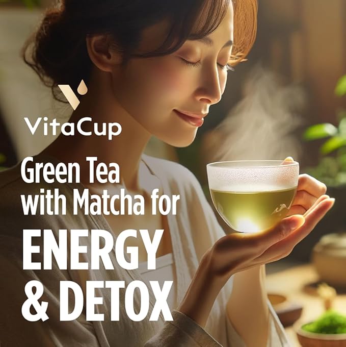 VitaCup Green Tea Pods, Enhance Energy & Detox with Matcha, Moringa, B Vitamins, D3, Keto, Paleo, Vegan, Recyclable Single Serve Pod, Compatible with Keurig K-Cup Brewers,32 Ct - Bloomnest