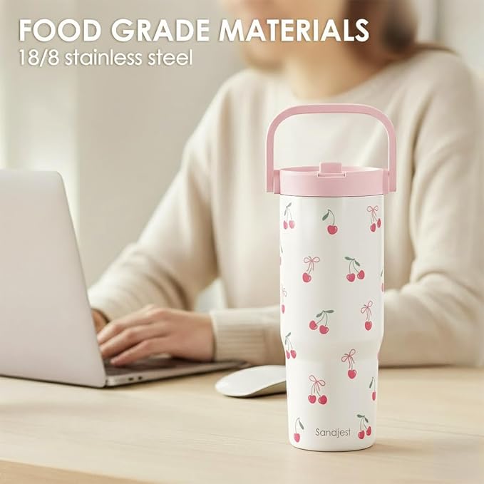 SANDJEST Cherry Stainless Steel Straw Lid Tumbler 30oz with Carry Handle for Women Girls, Insulated Travel Coffee Cup, Gift for Sports Outdoor Workout Christmas Birthday - Bloomnest