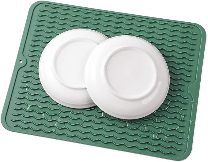 Silicone Dish Drying Mat for Multiple Usage,Easy clean,Eco-friendly,Heat-resistant Silicone Mat for Kitchen Counter or Sink,Refrigerator or drawer liner Green L 16 inches x 12 inches - Bloomnest