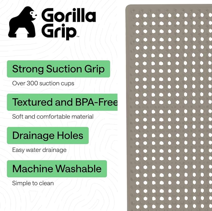GORILLA GRIP Patented Bath Tub Shower Mat, Machine Washable Bathtub Floor Liner Mats, Suction Cups and Drain Holes to Keep Tubs Clean, Soft on Feet, Bathroom Essentials, 35x16 Inch, Beige - Bloomnest