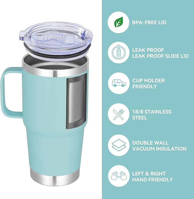 VEGOND 20 oz Tumbler Bulk with Handle Lid and Straw, Stainless Steel Insulated Travel Coffee Mug Set, Spill Proof Double Wall Metal Tumblers Cups, Mint Green 6 Pack - Bloomnest