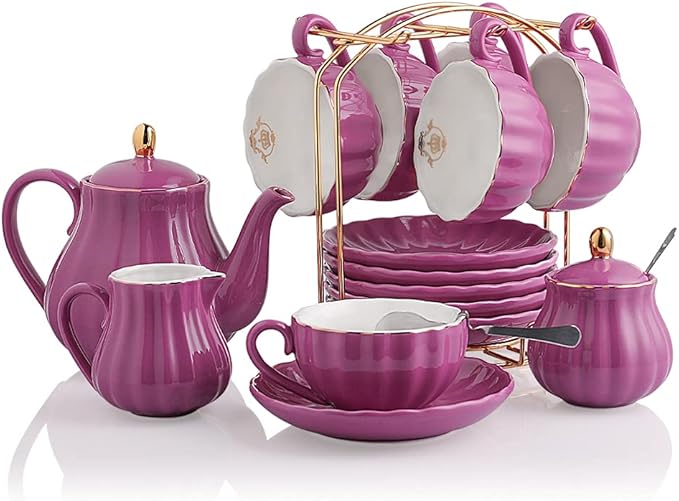 Porcelain Tea Sets British Royal Series, 8 OZ Cups& Saucer Service for 6, with Teapot Sugar Bowl Cream Pitcher Teaspoons and Tea Strainer, Suitable for High Tea, Wedding, Party (Violet) - Bloomnest