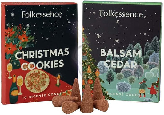 Folkulture Incense Cones | 20 Pc Incense Cone Scented | 2 Fragrance Cone-Insenses - Christmas Cookie & Balsam Cedar | Natural, Non Toxic | Christmas Inscents-Cones | Relaxing, Meditation
