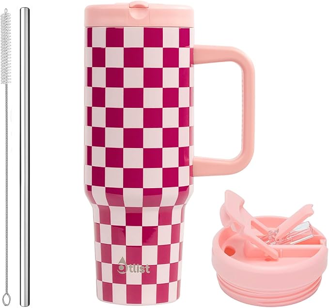 ProTour 100% Leakproof 40 oz Tumbler with Handle & 4-in-1 SipSwig Lid | Built-In Flip Straw & External Stainless Steel Straw | Insulated Stainless Steel Cup | BPA-Free | Pink Checkered - Bloomnest