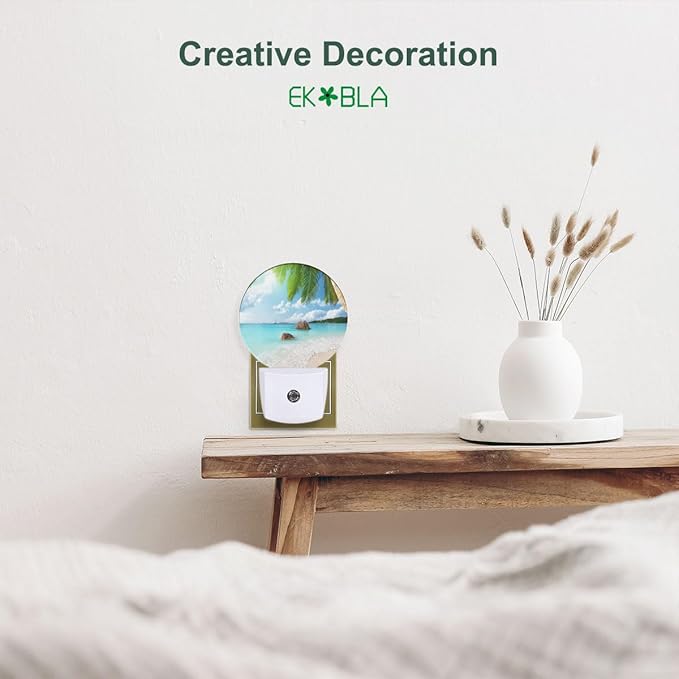 EKOBLA Palm Tree and Beach LED Night Light Island Beach Sea Ocean Dusk to Dawn Plug-in Nightlights Auto Sensor for Home Indoor Bathroom Hallway Kitchen - Bloomnest