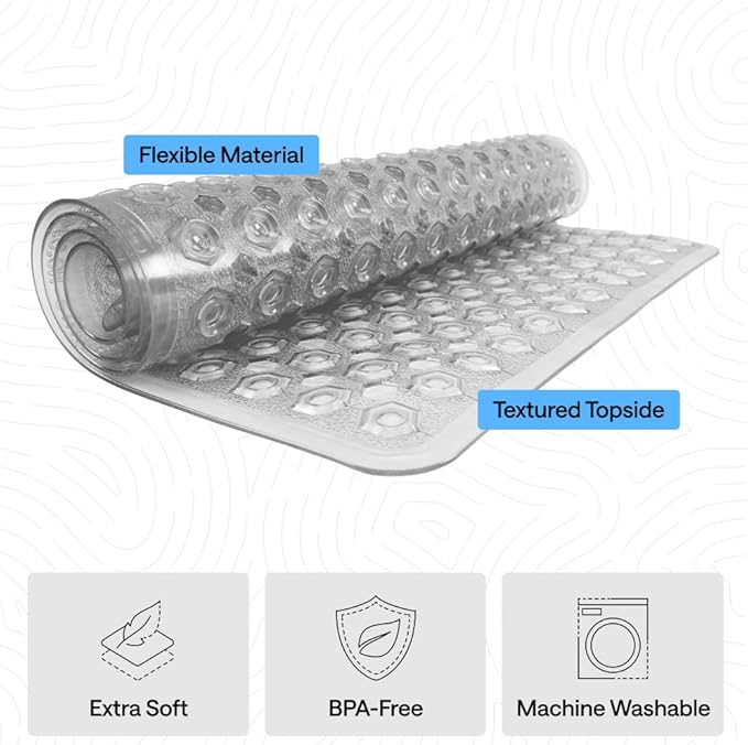 GORILLA GRIP Patented Bath Tub Shower Mat, Machine Washable Bathtub Floor Liner Mats, Suction Cups and Drain Holes to Keep Tubs Clean, Soft on Feet, Bathroom Essentials, 35x16 Inch, Clear Gray - Bloomnest